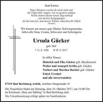 Traueranzeige von Ursula Gücker von Siegener Zeitung