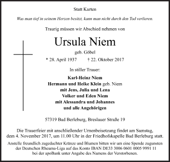 Traueranzeige von Ursula Niem von Siegener Zeitung