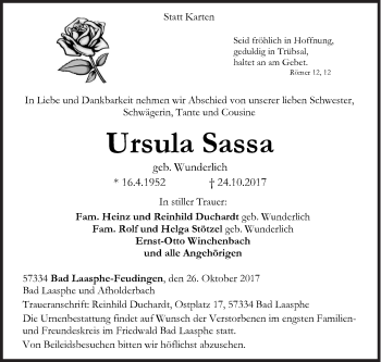 Traueranzeige von Ursula Sassa von Siegener Zeitung