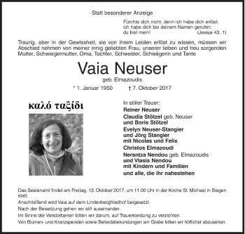 Traueranzeige von Vaia Neuser von Siegener Zeitung