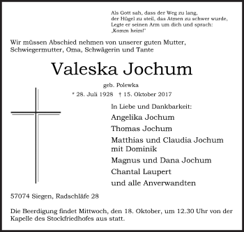 Traueranzeige von Valeska Jochum von Siegener Zeitung