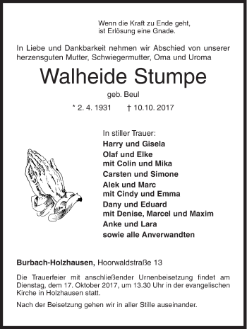 Traueranzeige von Walheide Stumpe von Siegener Zeitung