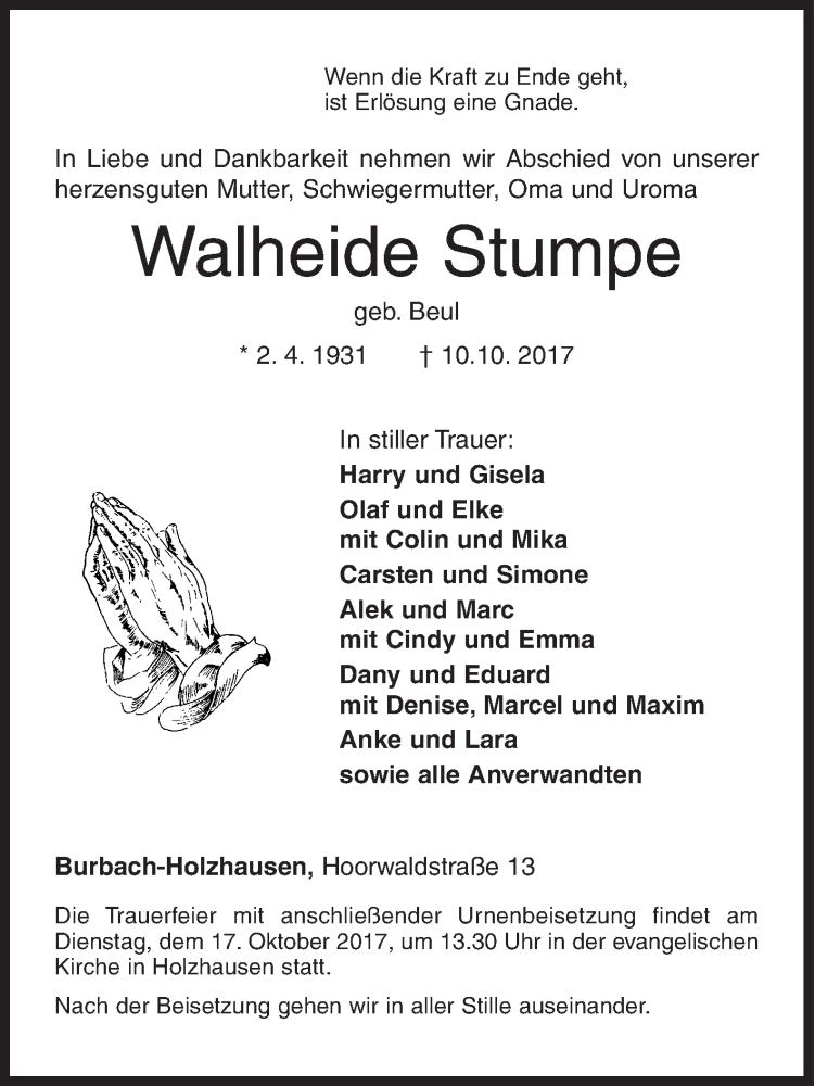  Traueranzeige für Walheide Stumpe vom 14.10.2017 aus Siegener Zeitung