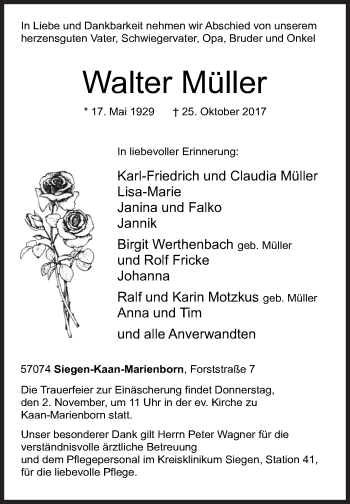 Traueranzeige von Walter Müller von Siegener Zeitung