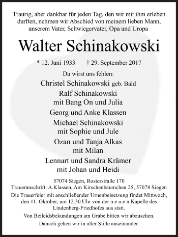 Traueranzeige von Walter Schinakowski von Siegener Zeitung