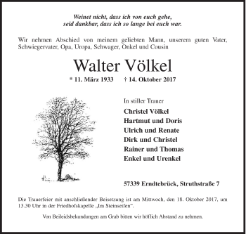 Traueranzeige von Walter Völkel von Siegener Zeitung