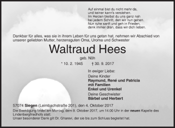 Traueranzeige von Waltraud Hees von Siegener Zeitung
