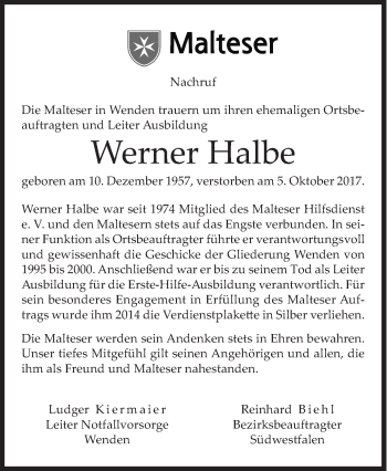 Traueranzeige von Werner Halbe von Siegener Zeitung