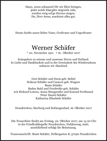 Traueranzeige von Werner Schäfer von Siegener Zeitung