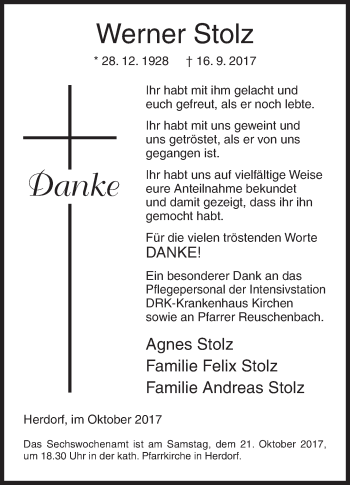 Traueranzeige von Werner Stolz von Siegener Zeitung
