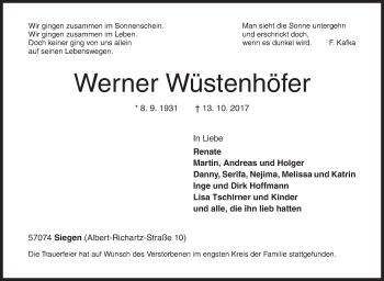 Traueranzeige von Werner Wüstenhöfer von Siegener Zeitung