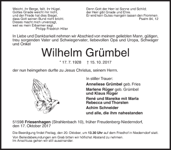 Traueranzeige von Wilhelm Grümbel von Siegener Zeitung