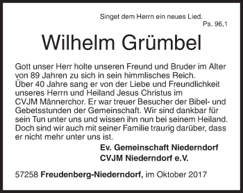 Traueranzeige von Wilhelm Grümbel von Siegener Zeitung