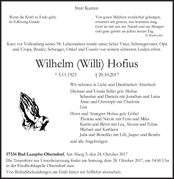 Traueranzeige von Wilhelm Willi Hofius von Siegener Zeitung