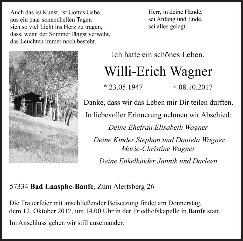  Traueranzeige für Willi-Erich Wagner vom 10.10.2017 aus Siegener Zeitung