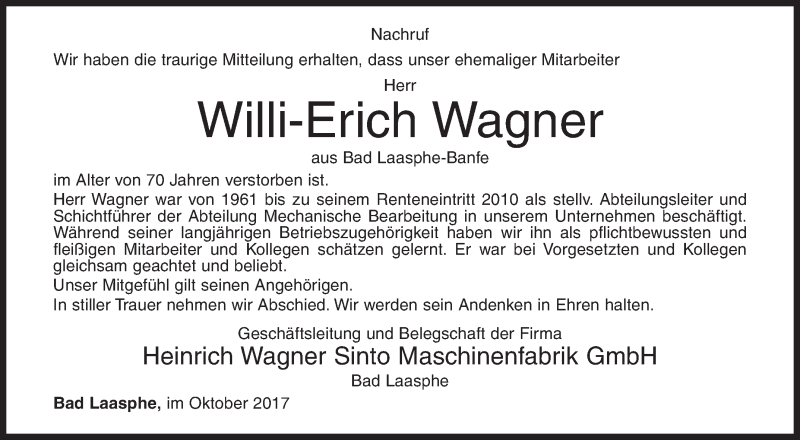  Traueranzeige für Willi-Erich Wagner vom 11.10.2017 aus Siegener Zeitung