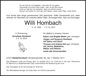 Traueranzeige von Willi Hombach von Siegener Zeitung