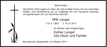 Traueranzeige von Willi Langer von Siegener Zeitung