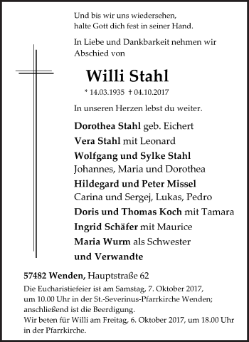 Traueranzeige von Willi Stahl von Siegener Zeitung
