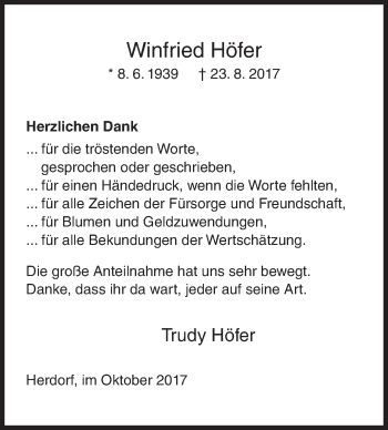 Traueranzeige von Winfried Höfer von Siegener Zeitung