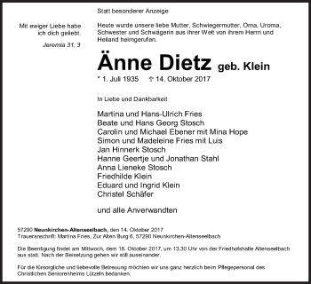 Traueranzeige von Änne Dietz von Siegener Zeitung