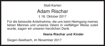 Traueranzeige von Adam Rischar von Siegener Zeitung