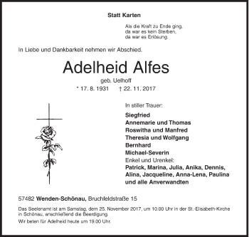 Traueranzeige von Adelheid Alfes von Siegener Zeitung