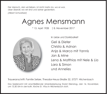 Traueranzeige von Agnes Mensmann von Siegener Zeitung