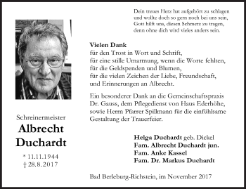 Traueranzeige von Albrecht Duchardt von Siegener Zeitung
