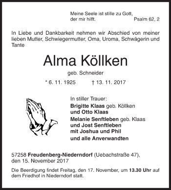 Traueranzeige von Alma Köllken von Siegener Zeitung
