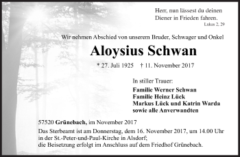 Traueranzeige von Aloysius Schwan von Siegener Zeitung