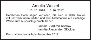 Traueranzeige von Amalia Weizel von Siegener Zeitung