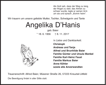 Traueranzeige von Angelika D'Hanis von Siegener Zeitung