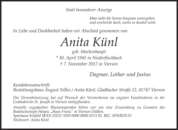 Traueranzeige von Anita Künl von Siegener Zeitung