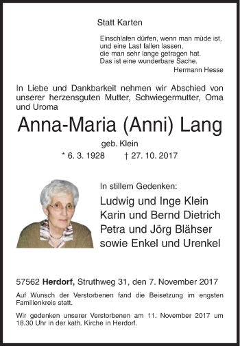 Traueranzeige von Anna-Maria Anni Lang von Siegener Zeitung