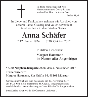 Traueranzeige von Anna Schäfer von Siegener Zeitung