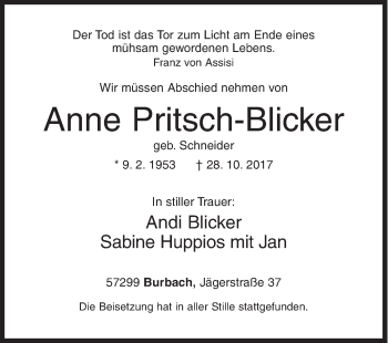 Traueranzeige von Anne Pritsch-Blicker von Siegener Zeitung