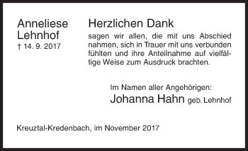 Traueranzeige von Anneliese Lehnhof von Siegener Zeitung