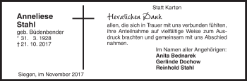 Traueranzeige von Anneliese Stahl von Siegener Zeitung