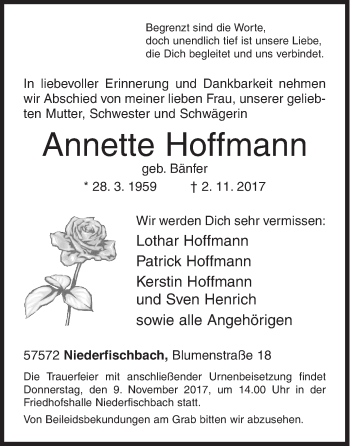 Traueranzeige von Annette Hoffmann von Siegener Zeitung