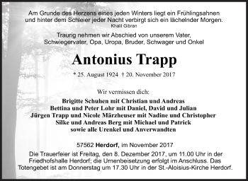 Traueranzeige von Antonius Trapp von Siegener Zeitung