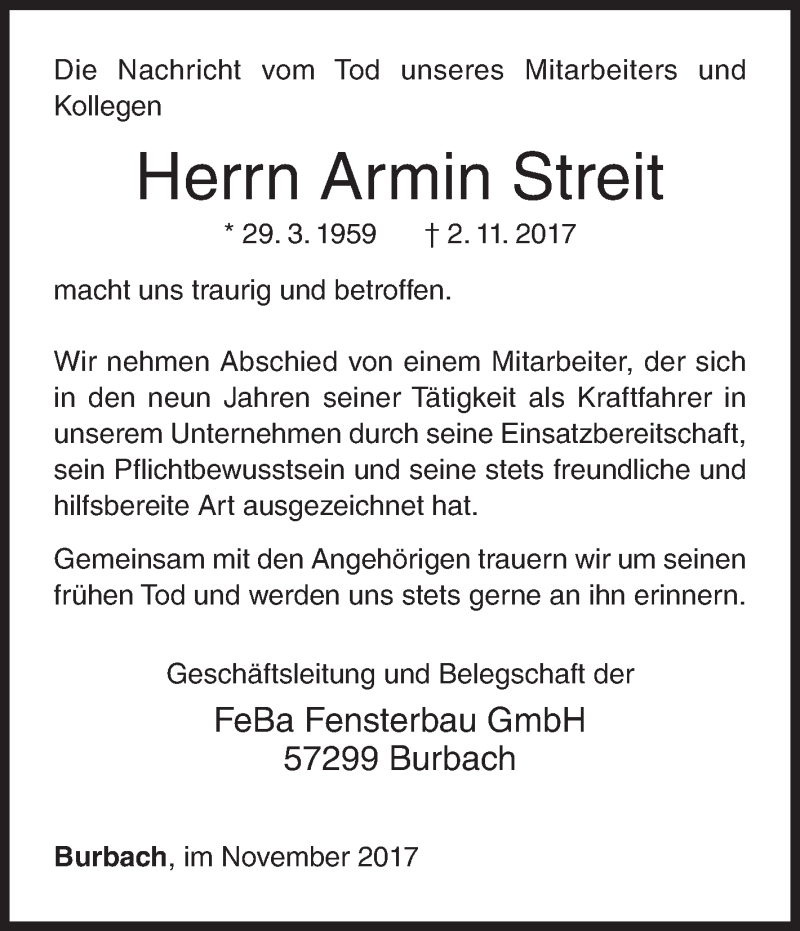  Traueranzeige für Armin Streit vom 10.11.2017 aus Siegener Zeitung