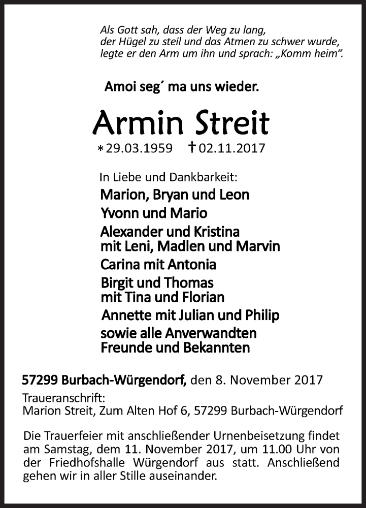  Traueranzeige für Armin Streit vom 08.11.2017 aus Siegener Zeitung