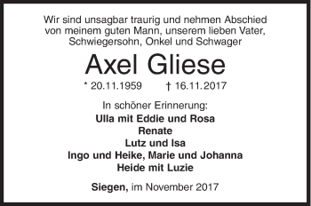 Traueranzeige von Axel Gliese von Siegener Zeitung