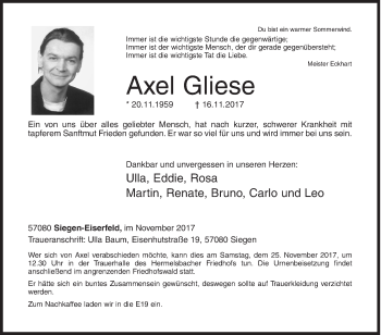 Traueranzeige von Axel Gliese von Siegener Zeitung