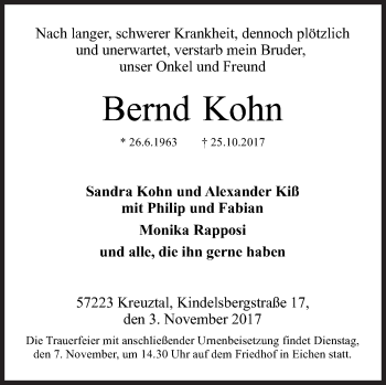 Traueranzeige von Bernd Kohn von Siegener Zeitung