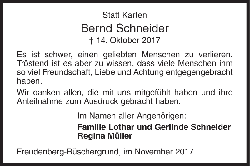  Traueranzeige für Bernd Schneider vom 04.11.2017 aus Siegener Zeitung