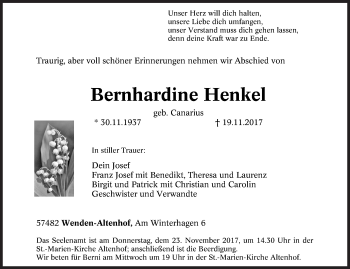 Traueranzeige von Bernhardine Henkel von Siegener Zeitung