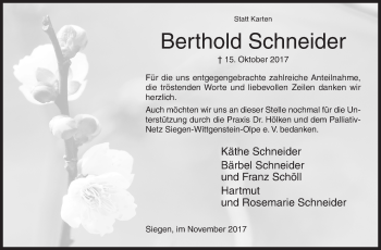 Traueranzeige von Berthold Schneider von Siegener Zeitung
