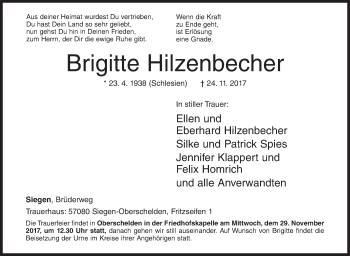 Traueranzeige von Brigitte Hilzenbecher von Siegener Zeitung